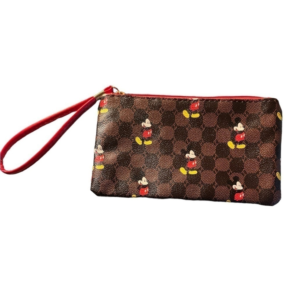 Disney Mickey Mouse Print Clutch Bag, Cartoon Genuine Leather Mobile Phone Bag - Picture 2 of 6